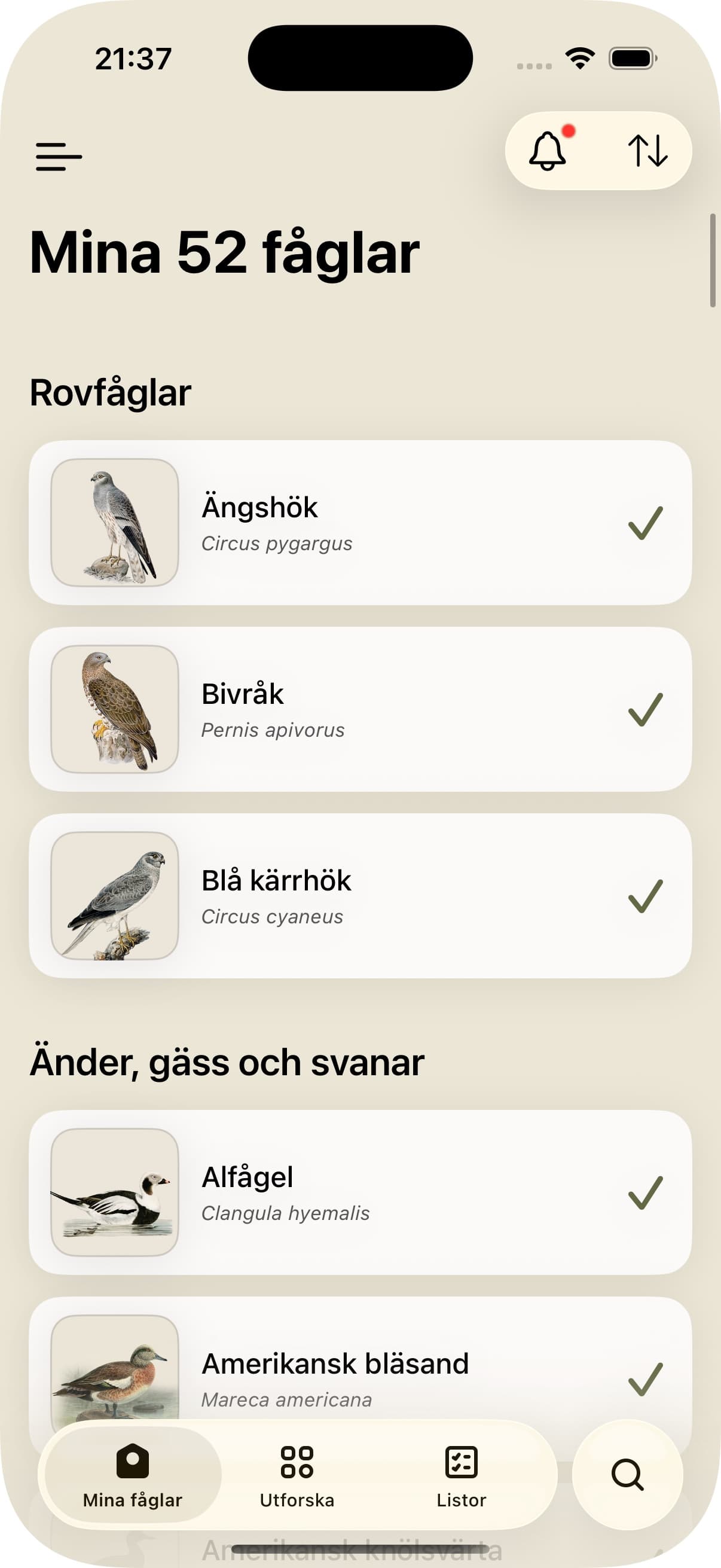Mina fåglar – hemskärm med listan Mina 31 fåglar